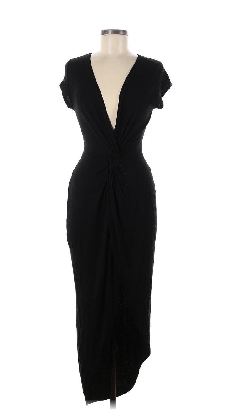 Women’s Black V-Neck Short Sleeve Twisted Stretch Knit Long Dress M